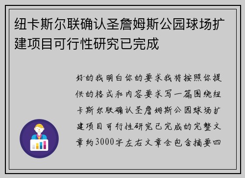 纽卡斯尔联确认圣詹姆斯公园球场扩建项目可行性研究已完成